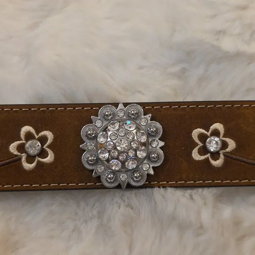 Ariat Genuine Leather Brown Embroidered Flowers Rhinestone Conches Belt Womens L